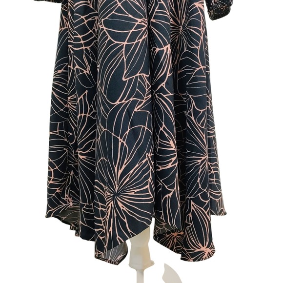 Phase Eight Black Pink Floral V Neck Long Sleeve A Line Swing Midi Dress - 12 - Picture 6 of 10